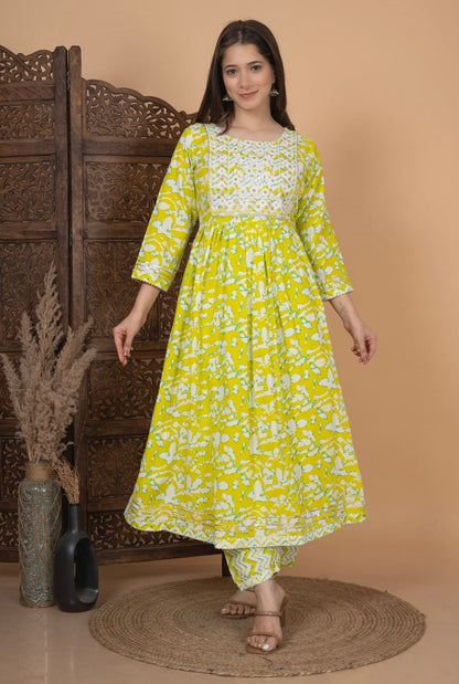 Beautiful Yellow Nayra Cut Kurti Set