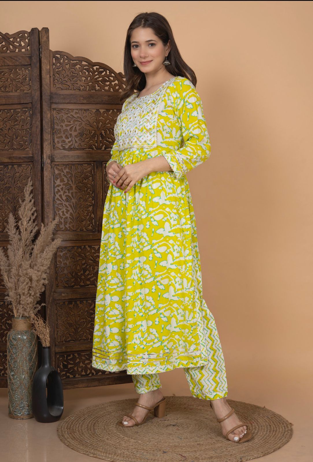 Beautiful Yellow Nayra Cut Kurti Set