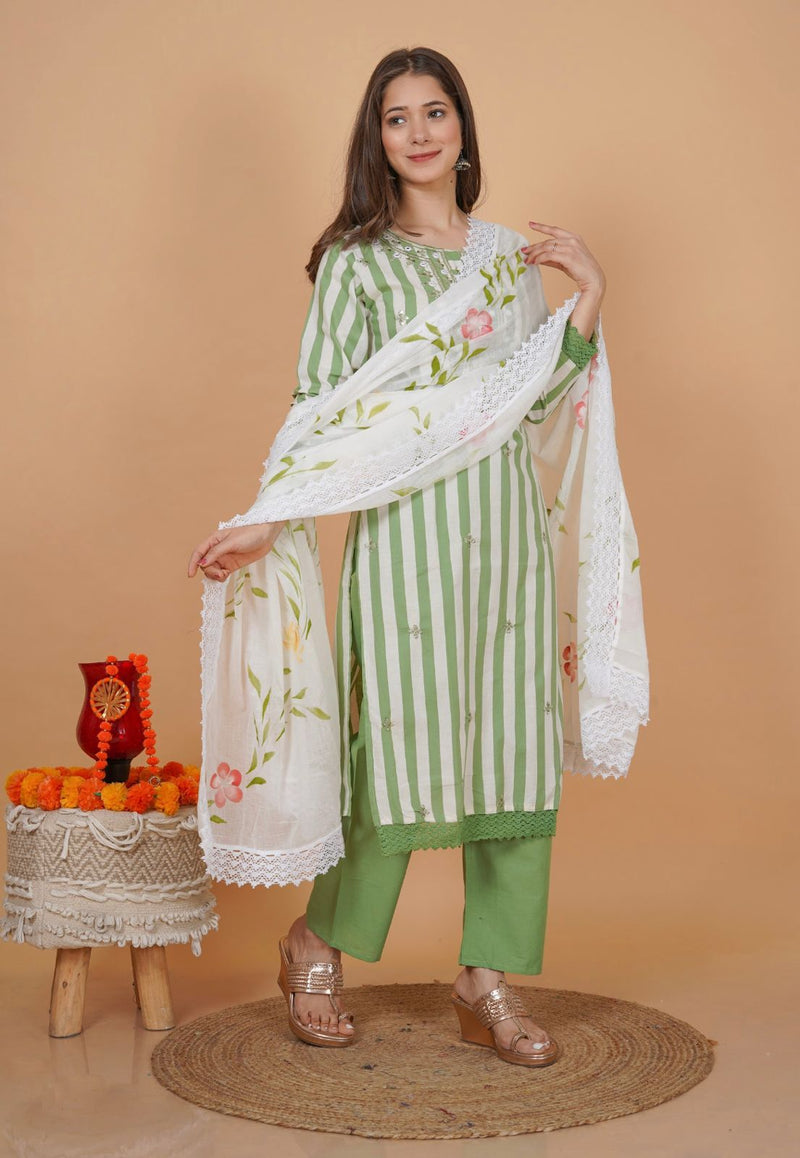 Beautiful striped cotton set with Embriodrary work