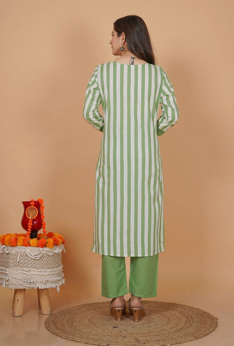 Beautiful striped cotton set with Embriodrary work