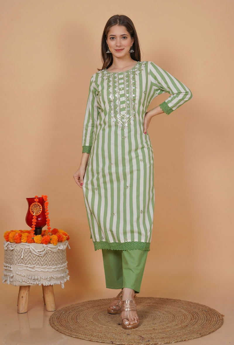 Beautiful striped cotton set with Embriodrary work