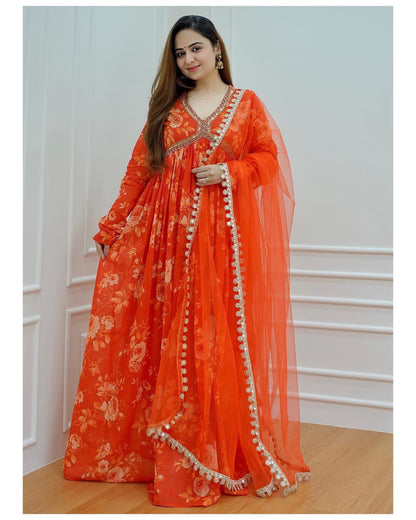 Designer Orange Anarkali Suit with dupatta