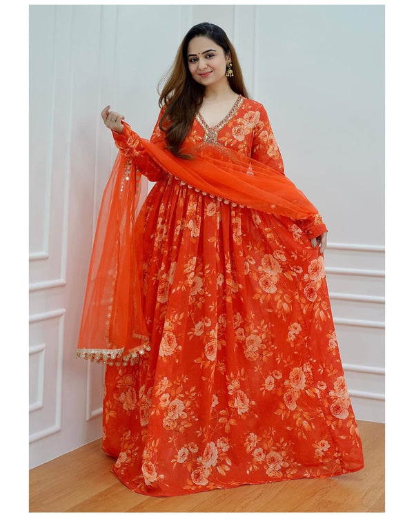 Designer Orange Anarkali Suit with dupatta