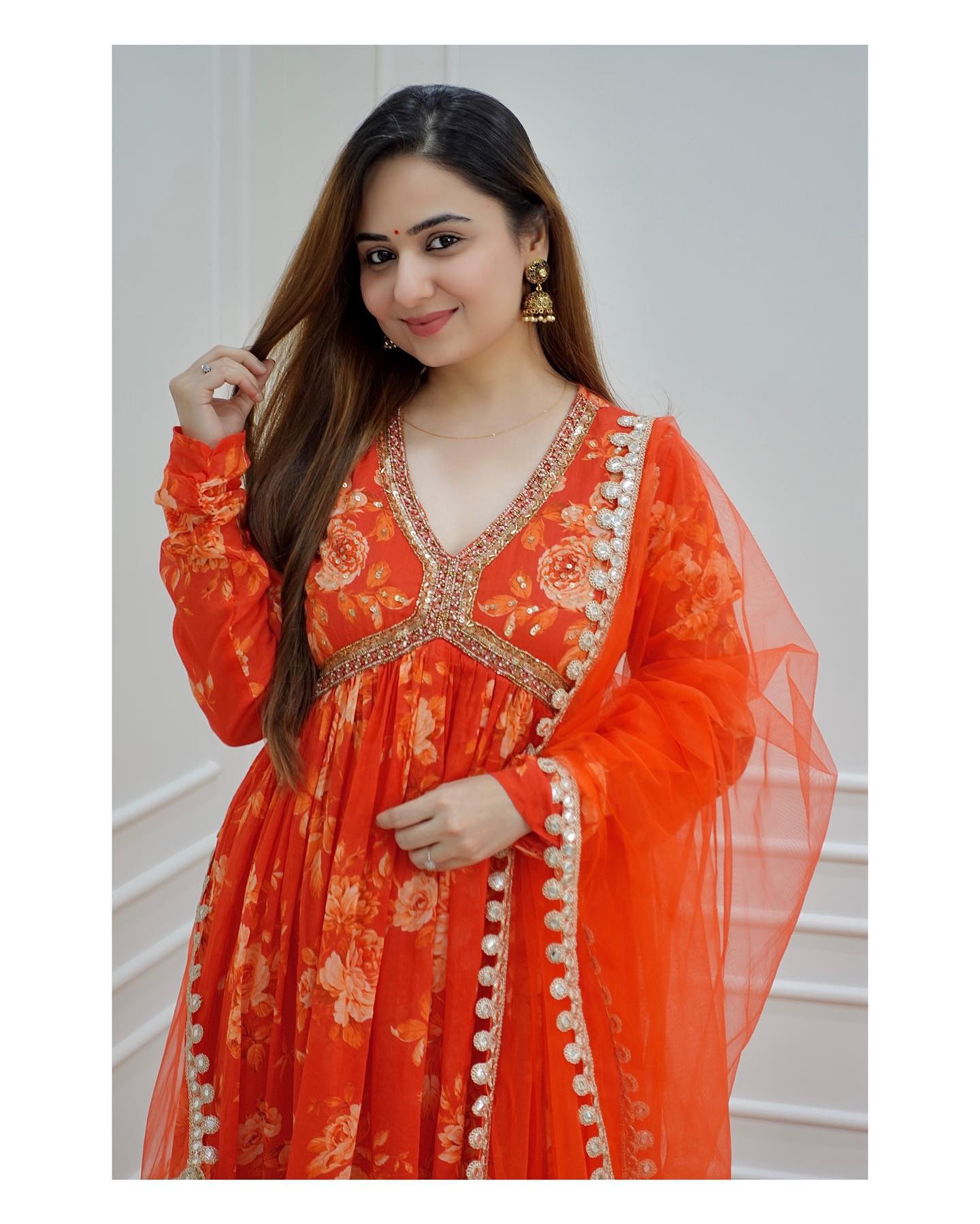 Designer Orange Anarkali Suit with dupatta