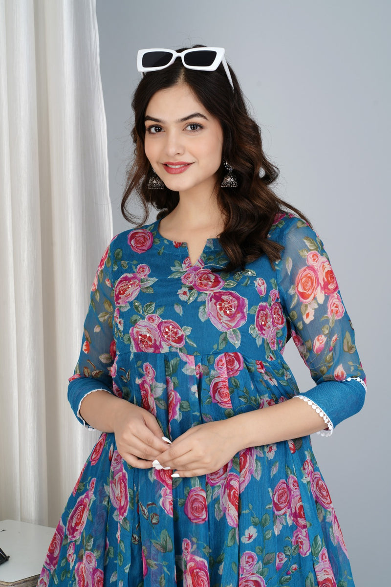 Chiffon Printed Blue Anarkali Kurti