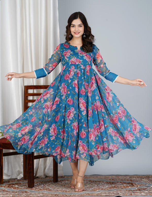 Chiffon Printed Blue Anarkali Kurti