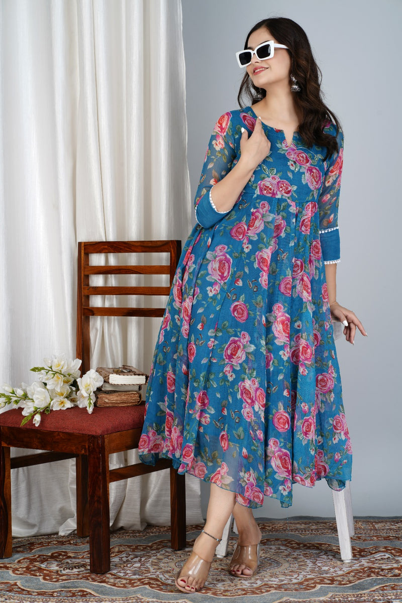 Chiffon Printed Blue Anarkali Kurti