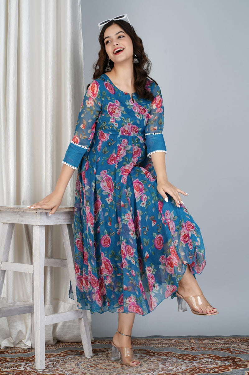 Chiffon Printed Blue Anarkali Kurti