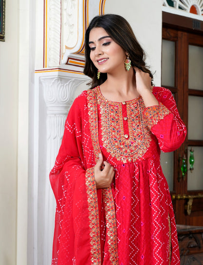 Chickenkari Red Embroidered Kurti pant with Dupatta