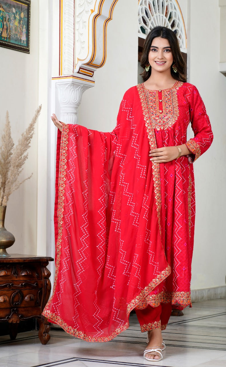 Chickenkari Red Embroidered Kurti pant with Dupatta