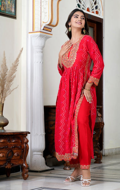 Chickenkari Red Embroidered Kurti pant with Dupatta