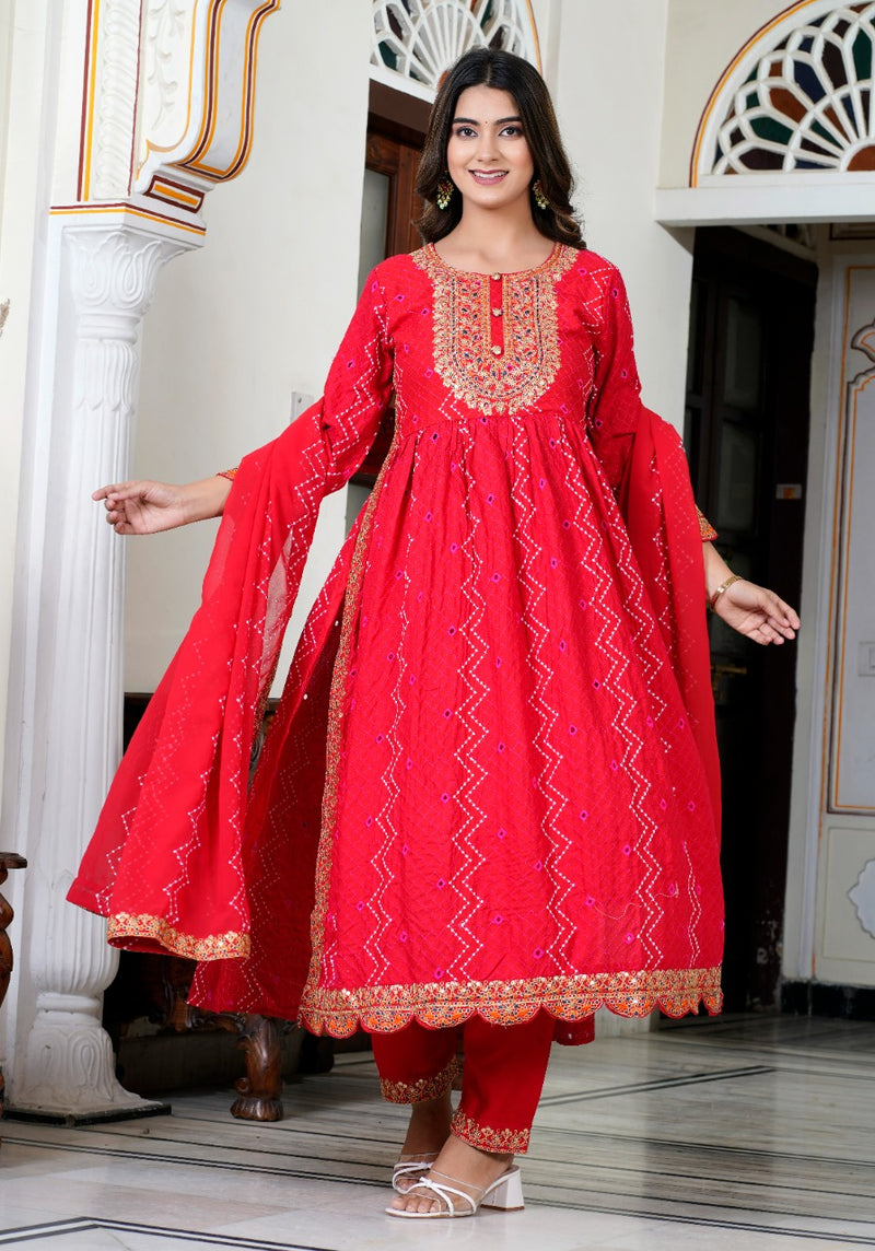 Chickenkari Red Embroidered Kurti pant with Dupatta