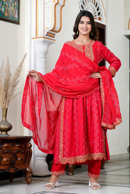 Chickenkari Red Embroidered Kurti pant with Dupatta