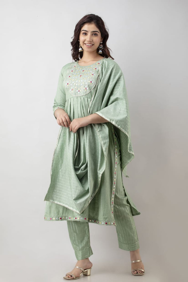 BEAUTIFUL LUREX RAYON SLUB  KURTI WITH PANT AND DUPATTA SET