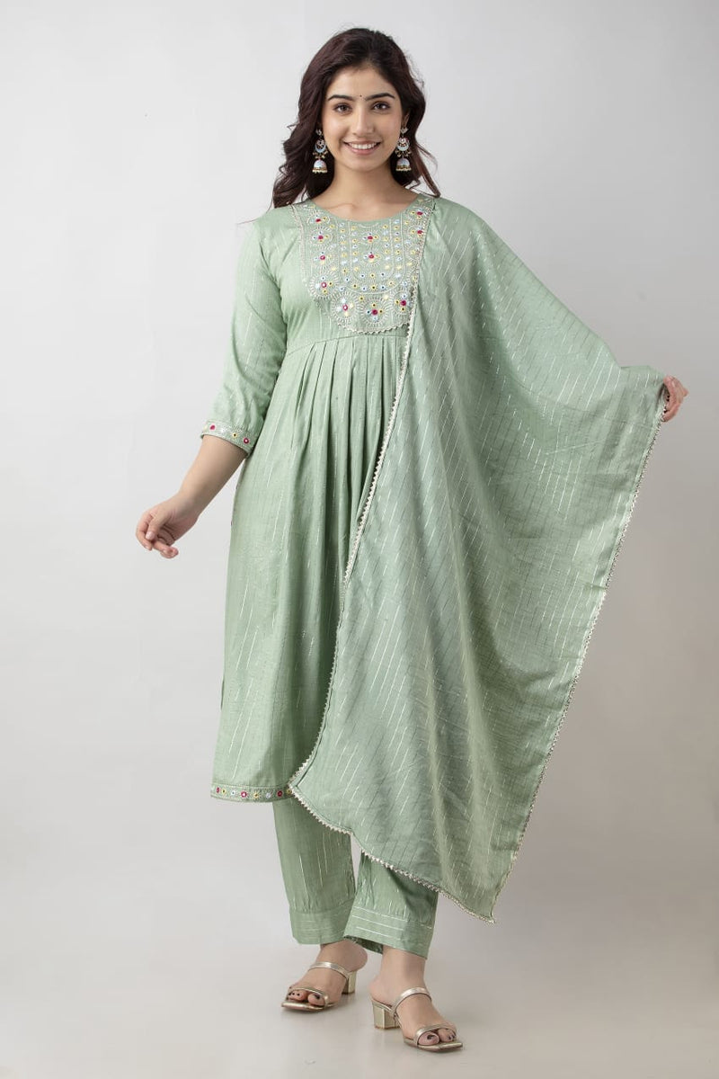 BEAUTIFUL LUREX RAYON SLUB  KURTI WITH PANT AND DUPATTA SET