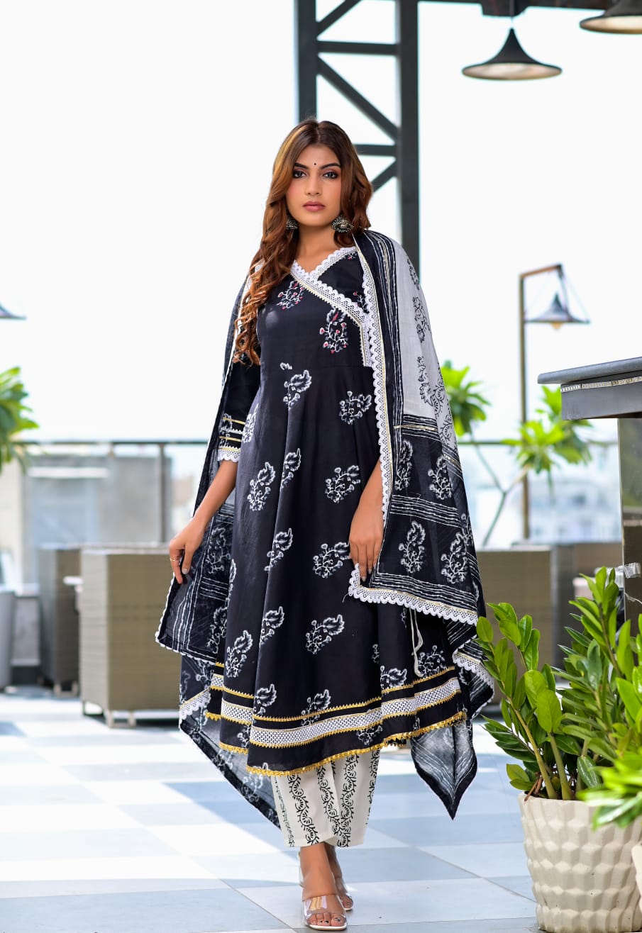 Full Flair Printed Cotton Kurti Set with Dupatta