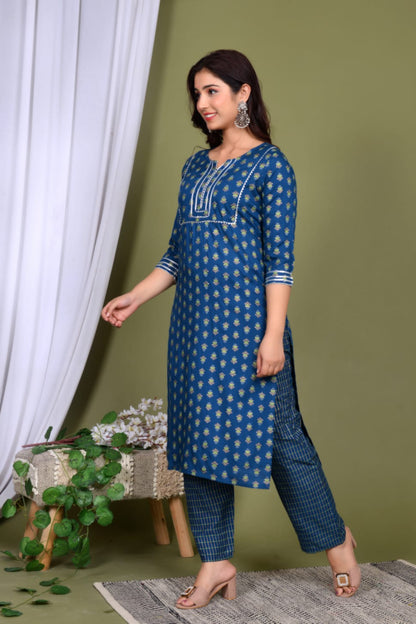 Beautiful gold printed Blue Kurti Set with Gotta Less