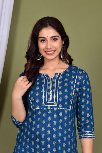 Beautiful gold printed Blue Kurti Set with Gotta Less