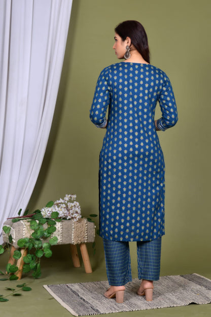 Beautiful gold printed Blue Kurti Set with Gotta Less