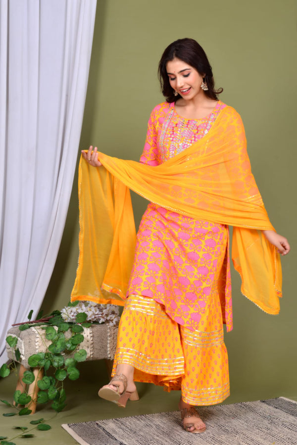 Embroidery printed Orange kurti Set with gotta less