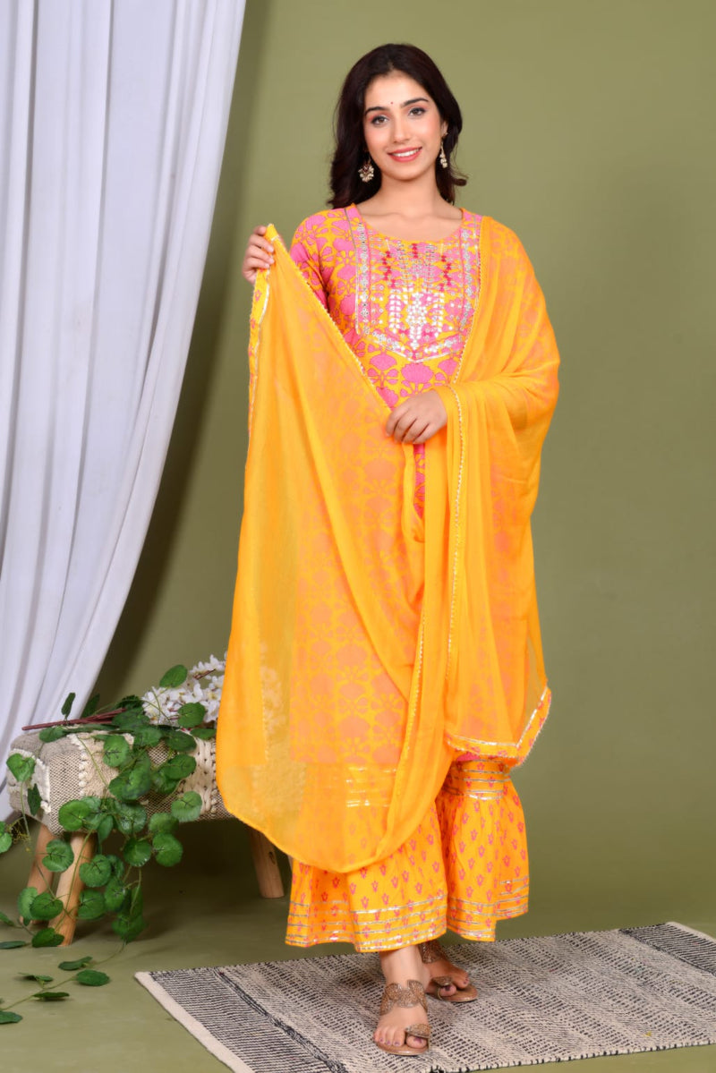 Embroidery printed Orange kurti Set with gotta less