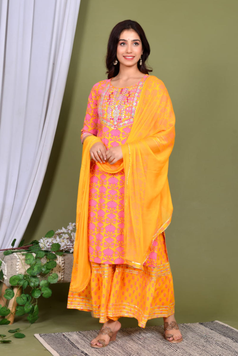 Embroidery printed Orange kurti Set with gotta less