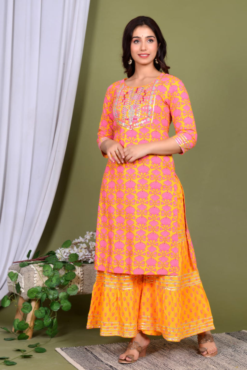 Embroidery printed Orange kurti Set with gotta less