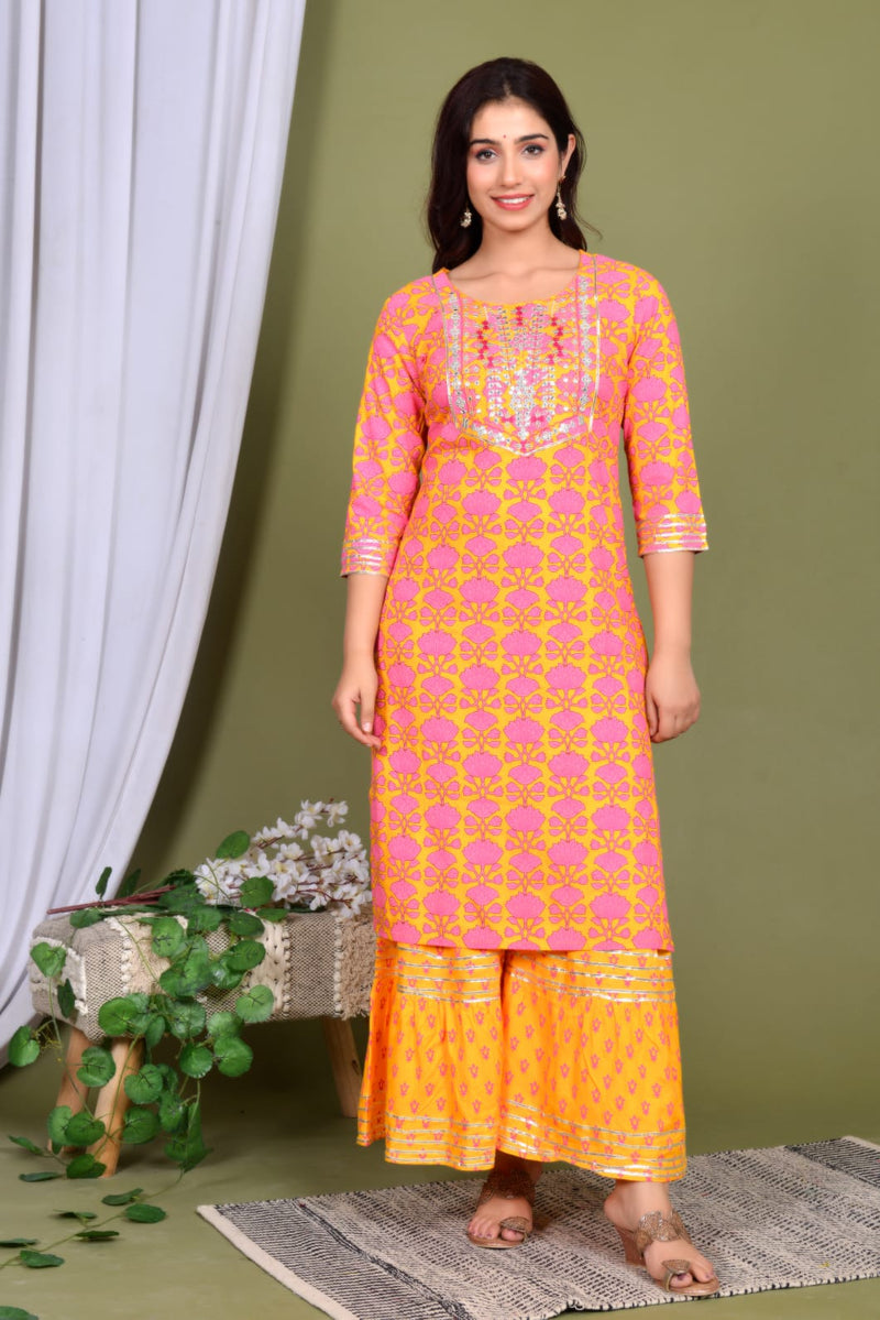 Embroidery printed Orange kurti Set with gotta less