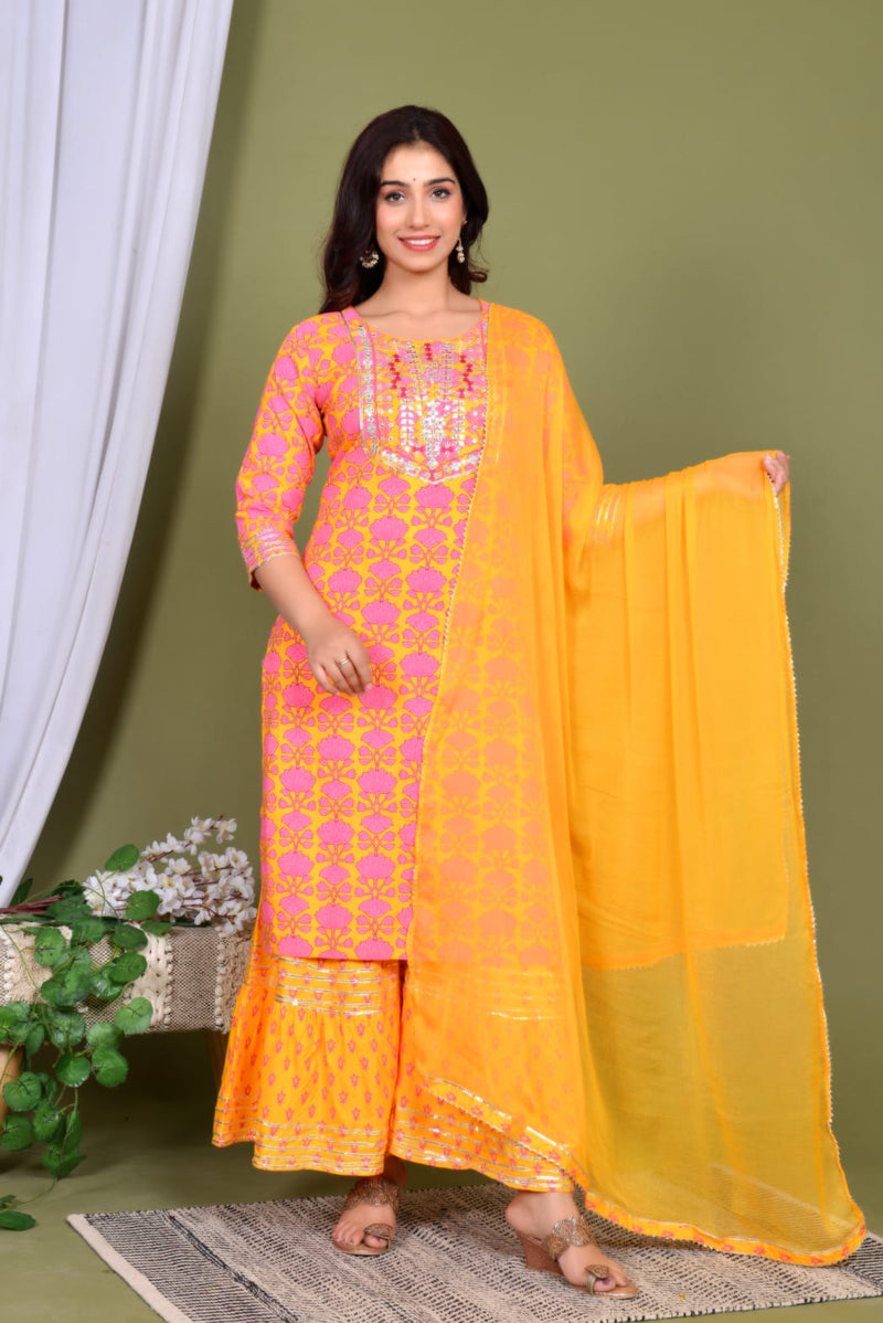 Embroidery printed Orange kurti Set with gotta less