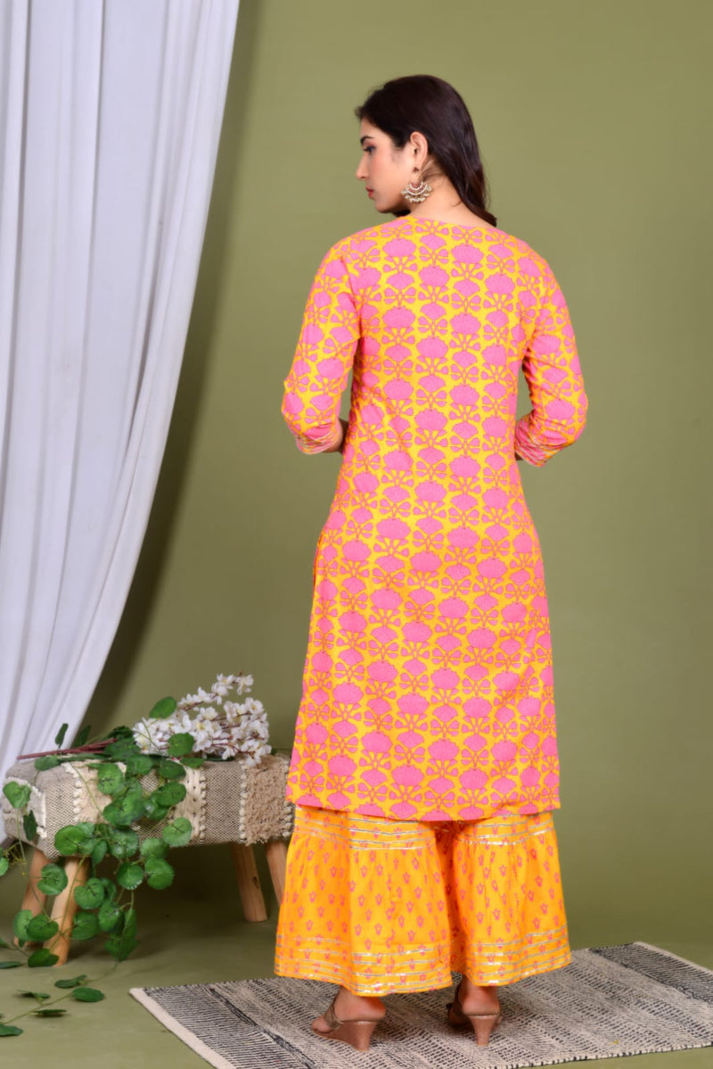 Embroidery printed Orange kurti Set with gotta less