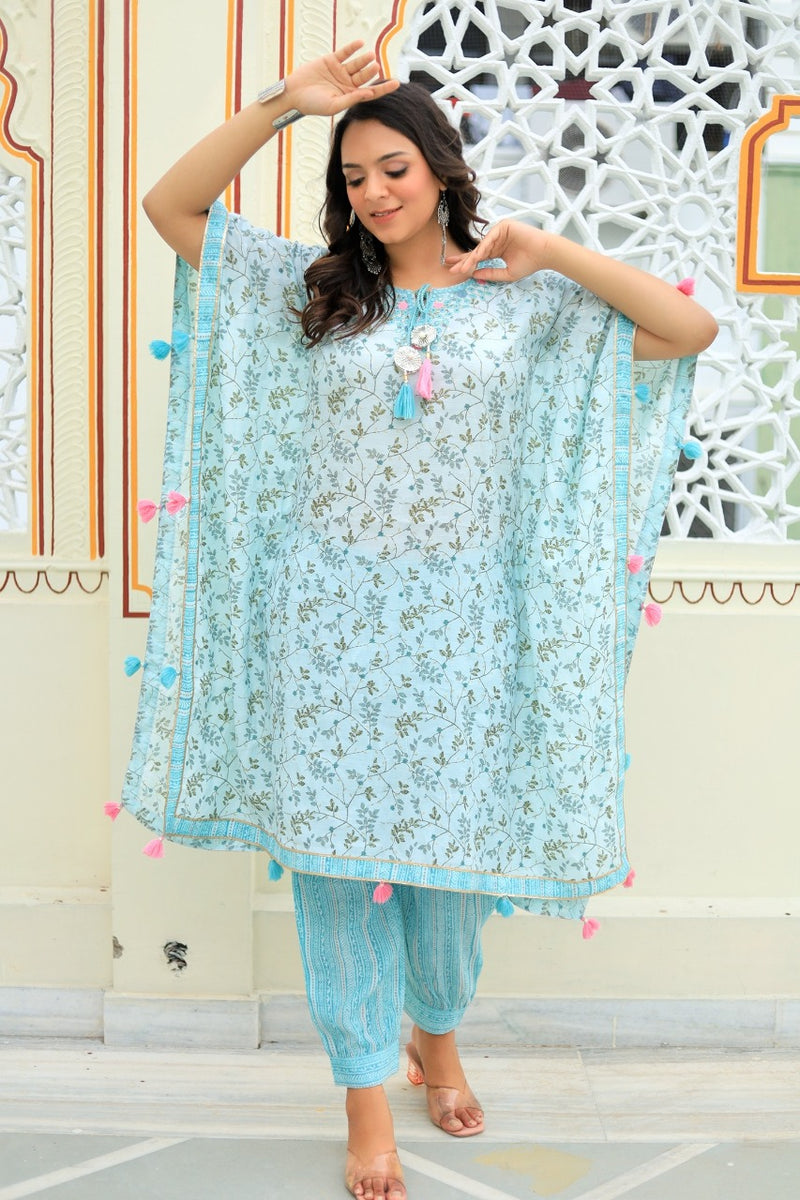 Beautiful Muslin fabric Embroidery kaftan with gotta less