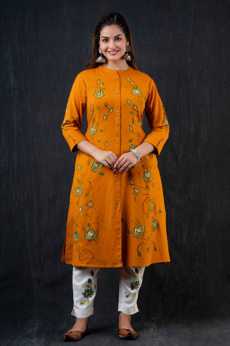 Premium Orange Flower Printed Princess cut Aline kurta with pant