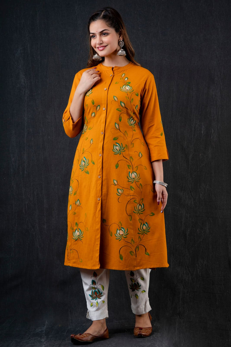 Premium Orange Flower Printed Princess cut Aline kurta with pant