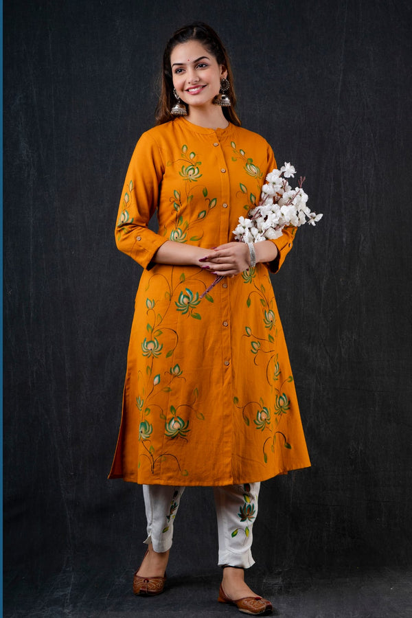 Premium Orange Flower Printed Princess cut Aline kurta with pant