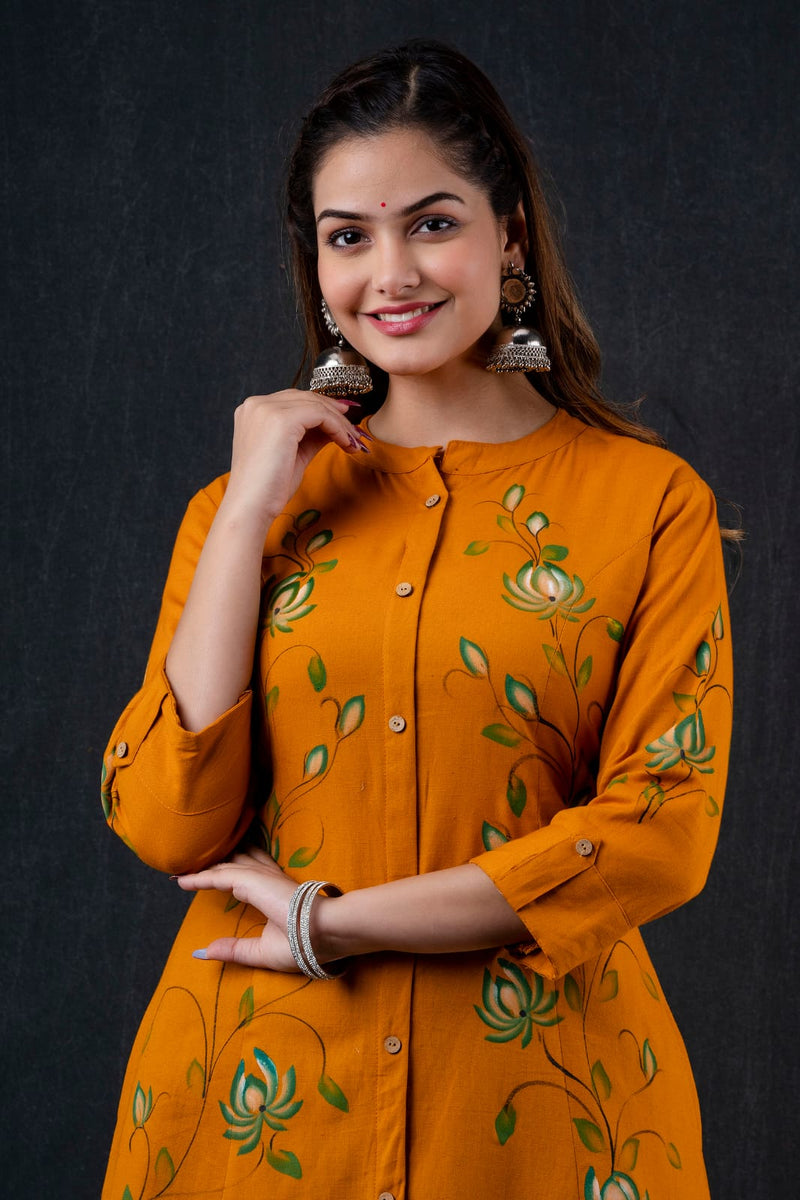 Premium Orange Flower Printed Princess cut Aline kurta with pant