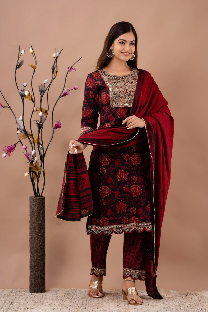 Designer Red & Black Embroidery Suit with dupatta