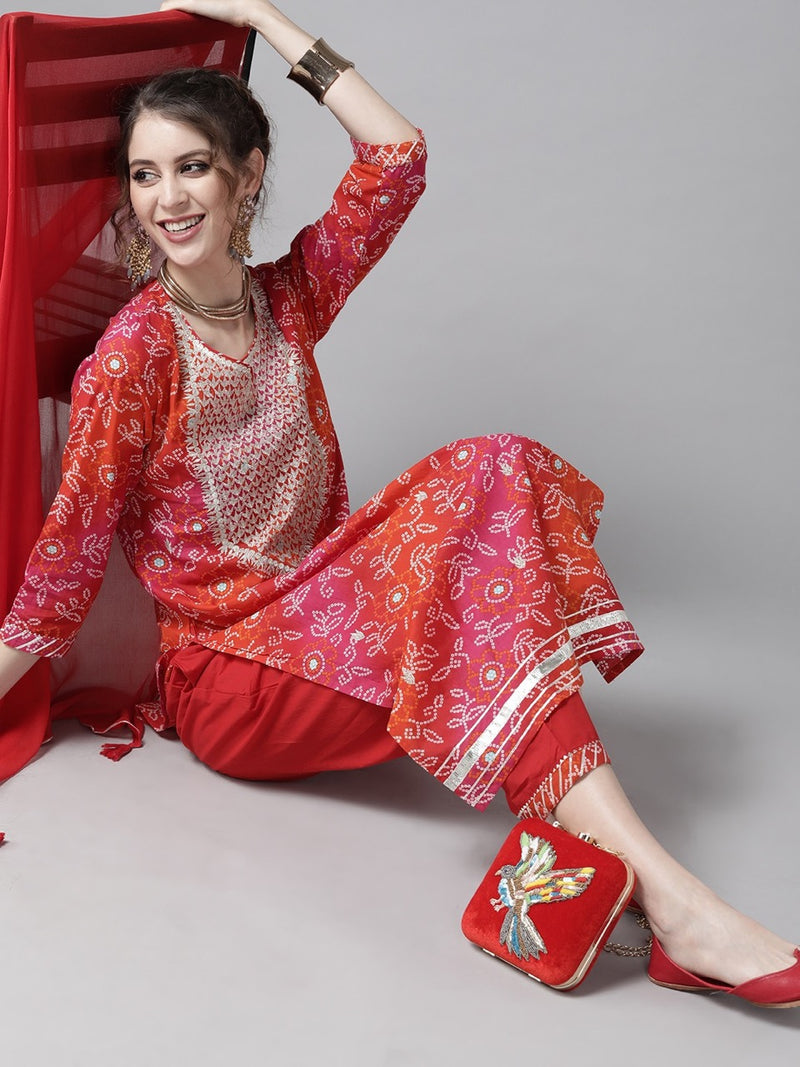 RED BANDHANI KURTI PANT  WITH DUPATTA