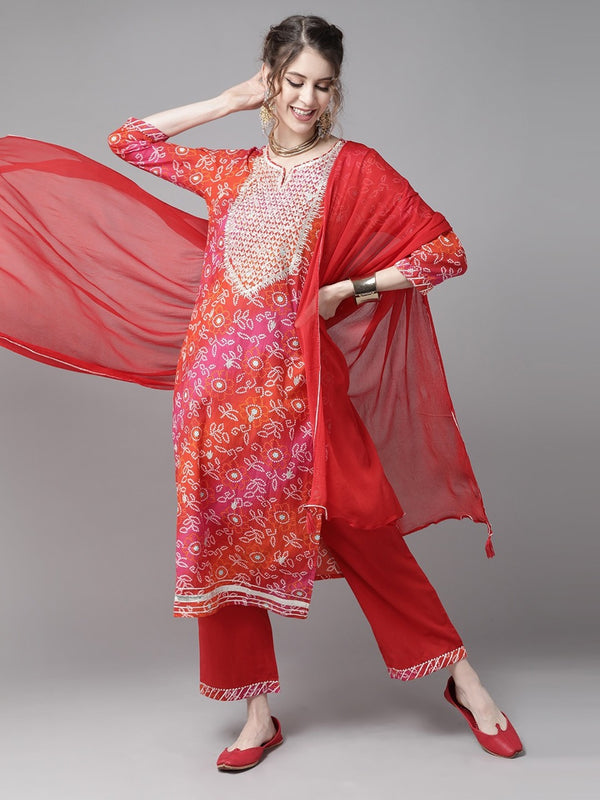 RED BANDHANI KURTI PANT  WITH DUPATTA