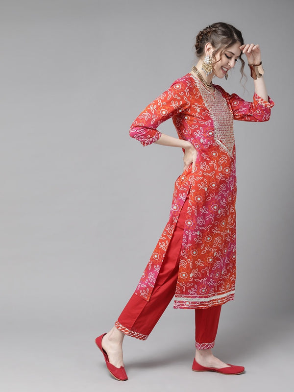 RED BANDHANI KURTI PANT  WITH DUPATTA