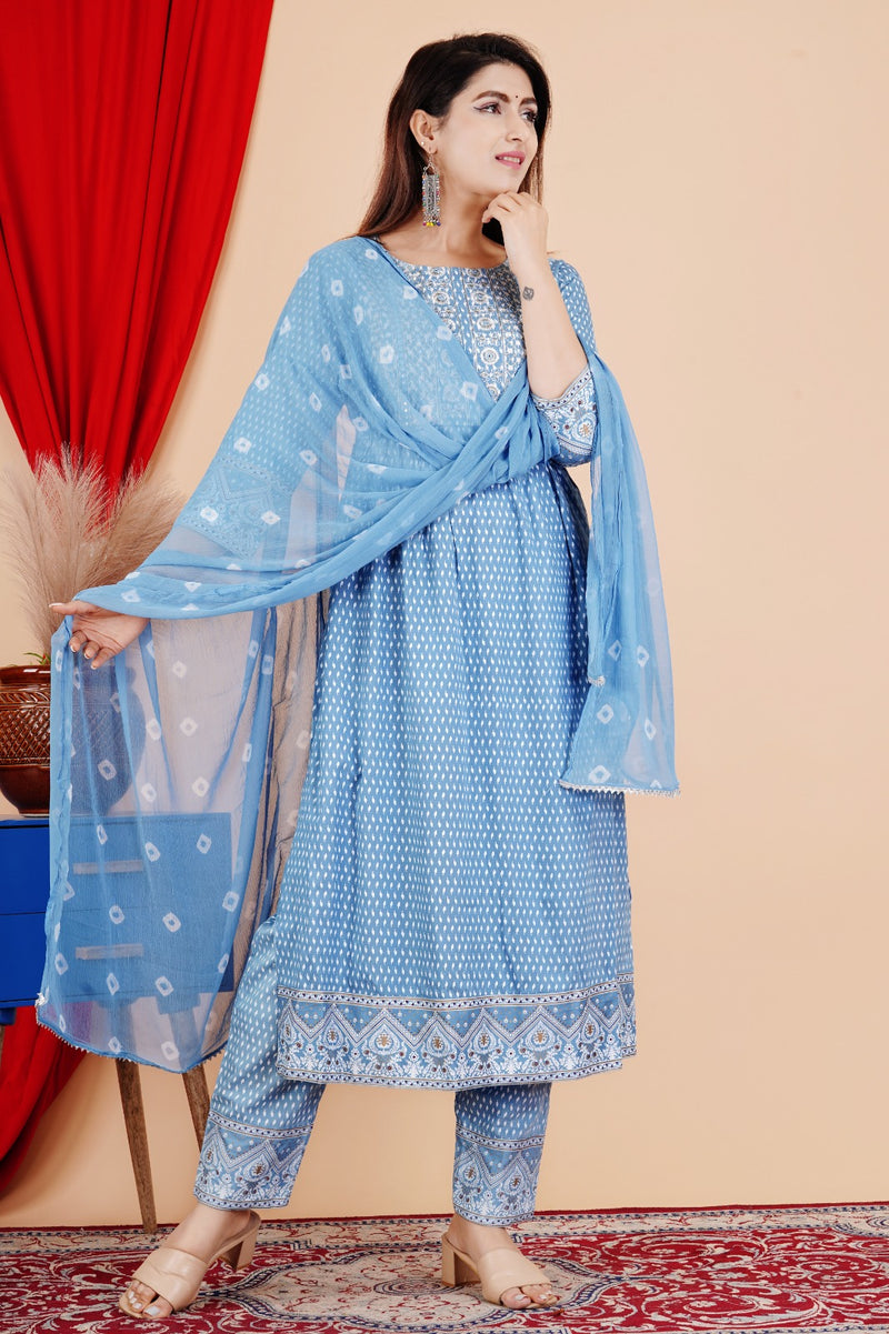 BEAUTIFUL BLUE NAYRA CUT KURTI WITH DUPATTA