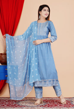 BEAUTIFUL BLUE NAYRA CUT KURTI WITH DUPATTA