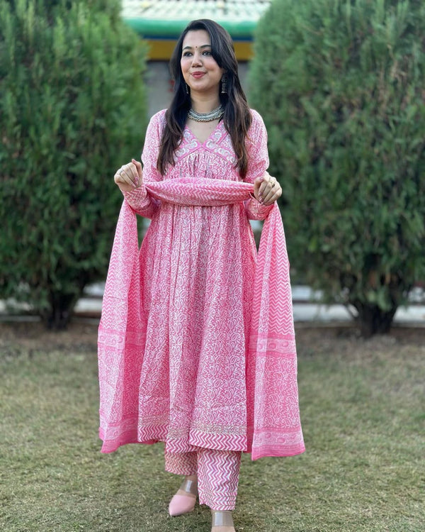 Beautiful Cotton Aliya cut Anarkali set with Dupatta