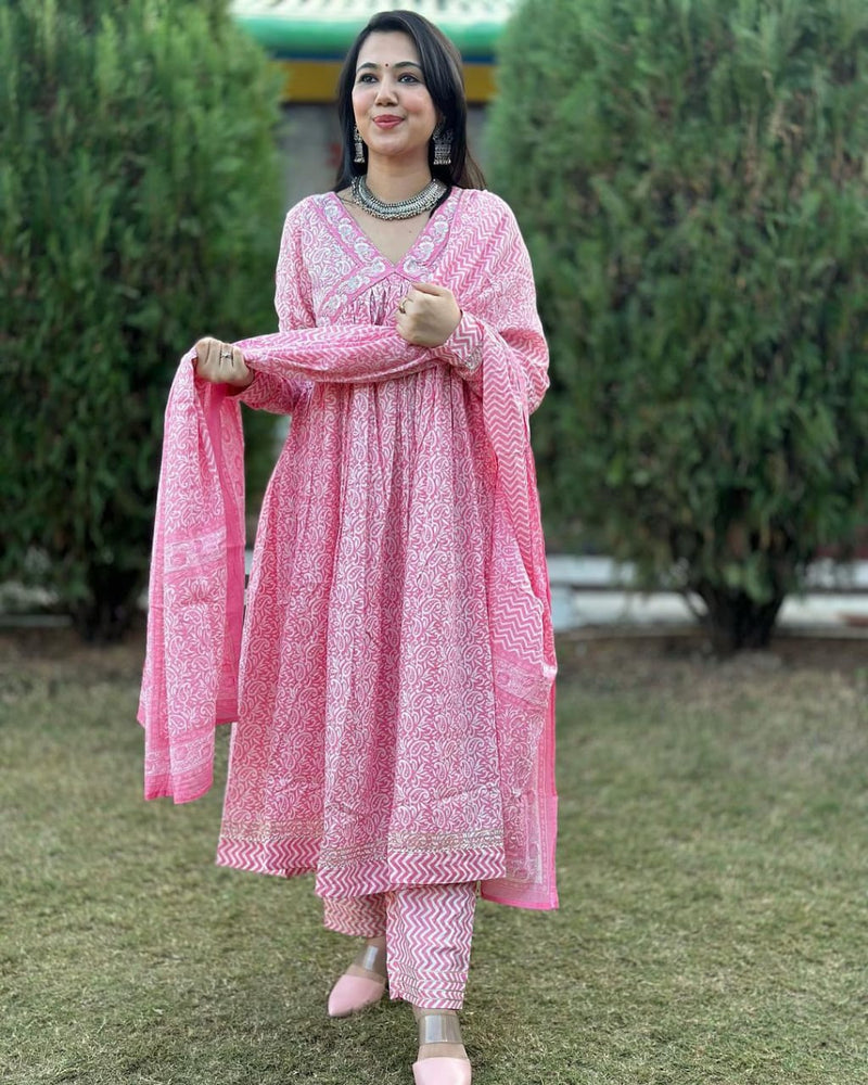 Beautiful Cotton Aliya cut Anarkali set with Dupatta