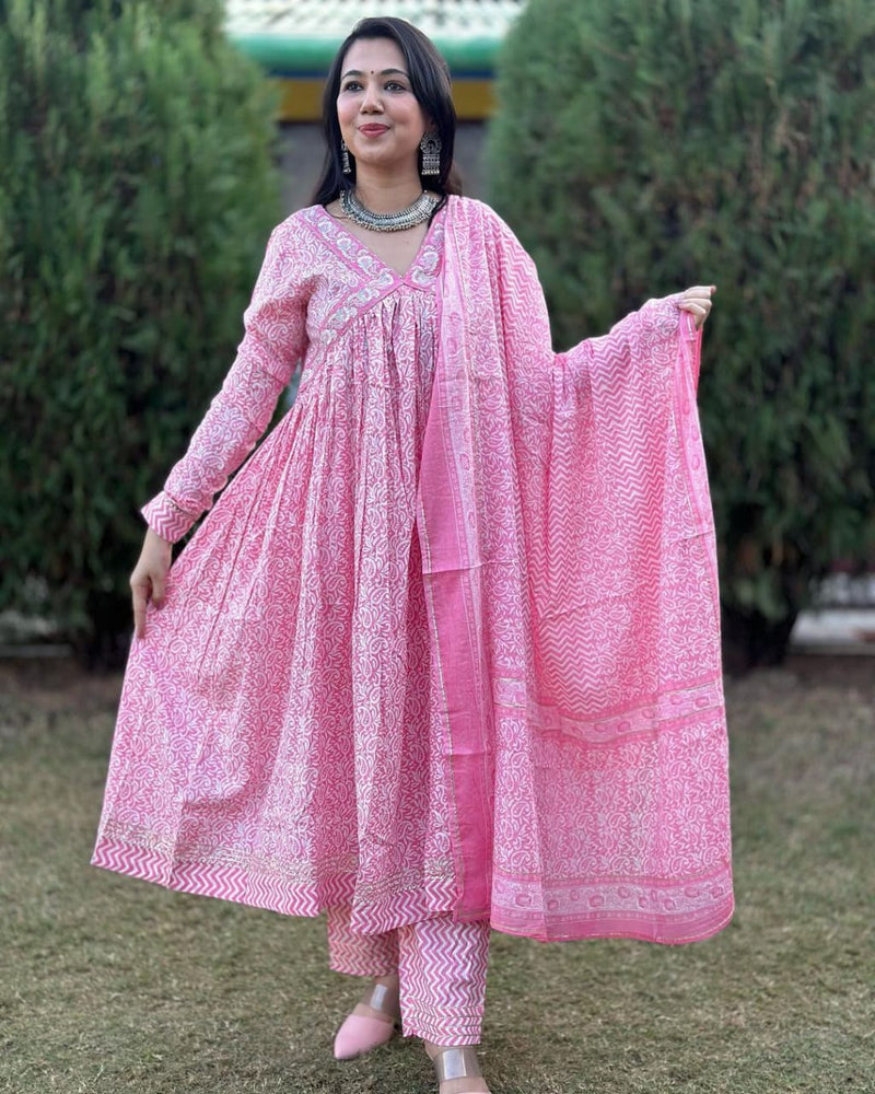 Beautiful Cotton Aliya cut Anarkali set with Dupatta