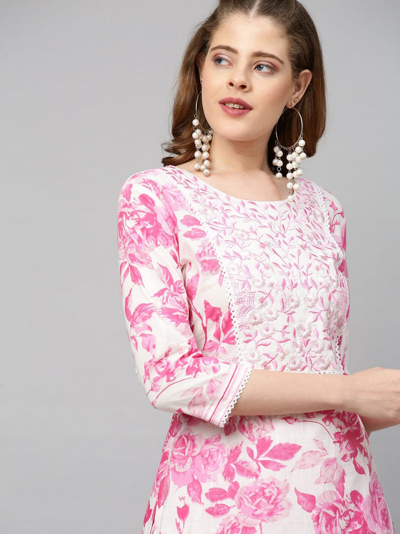 Floral Pink Embroidery Kurti Pant with Dupatta