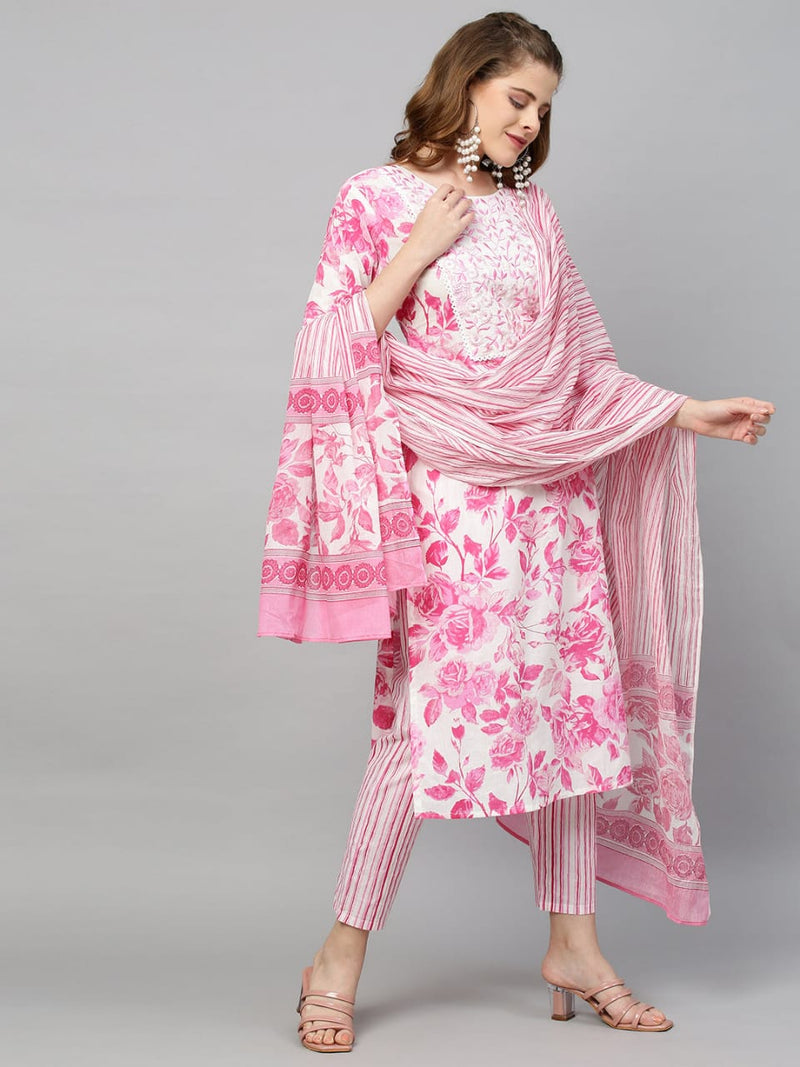 Floral Pink Embroidery Kurti Pant with Dupatta