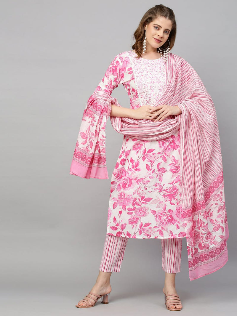 Floral Pink Embroidery Kurti Pant with Dupatta