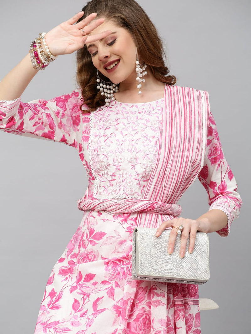 Floral Pink Embroidery Kurti Pant with Dupatta