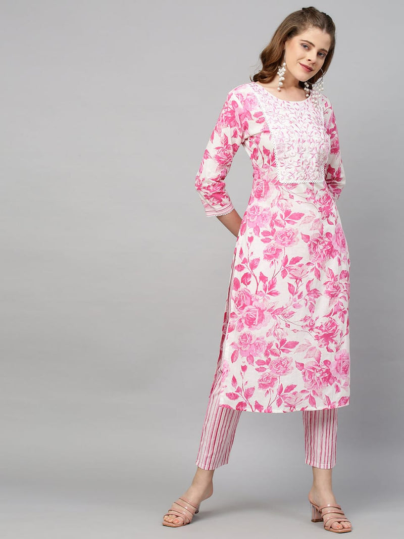 Floral Pink Embroidery Kurti Pant with Dupatta