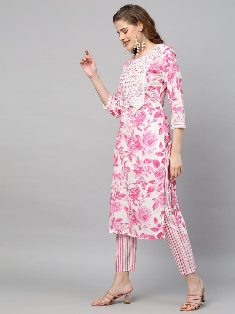 Floral Pink Embroidery Kurti Pant with Dupatta